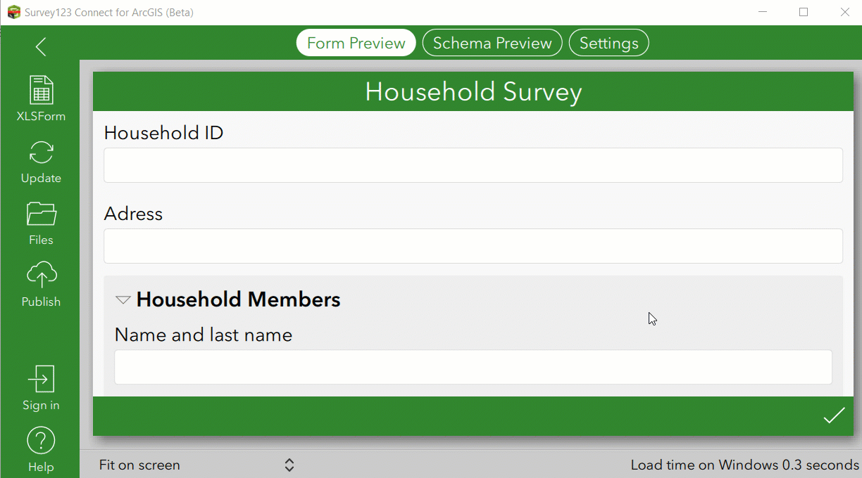 Survey123 Connect lets you preview the geodatabase schema of your survey